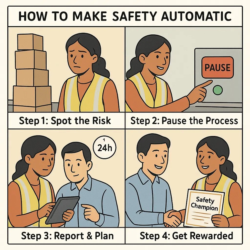 Four-panel comic showing a worker spotting risk, pausing operations, reporting with manager, and receiving recognition for proactive safety behaviour