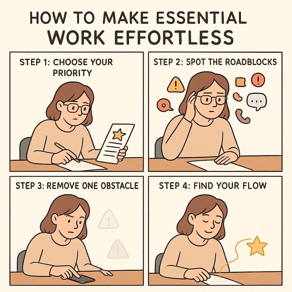 A woman at her desk removing distractions to achieve focused, effortless work in a clear, organised space.