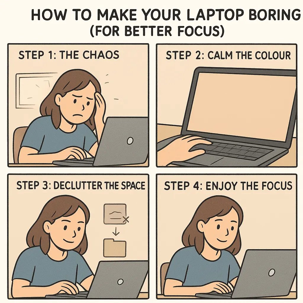 A woman transforms her chaotic laptop screen with notifications and clutter into a calm, minimalist workspace in four illustrated steps.