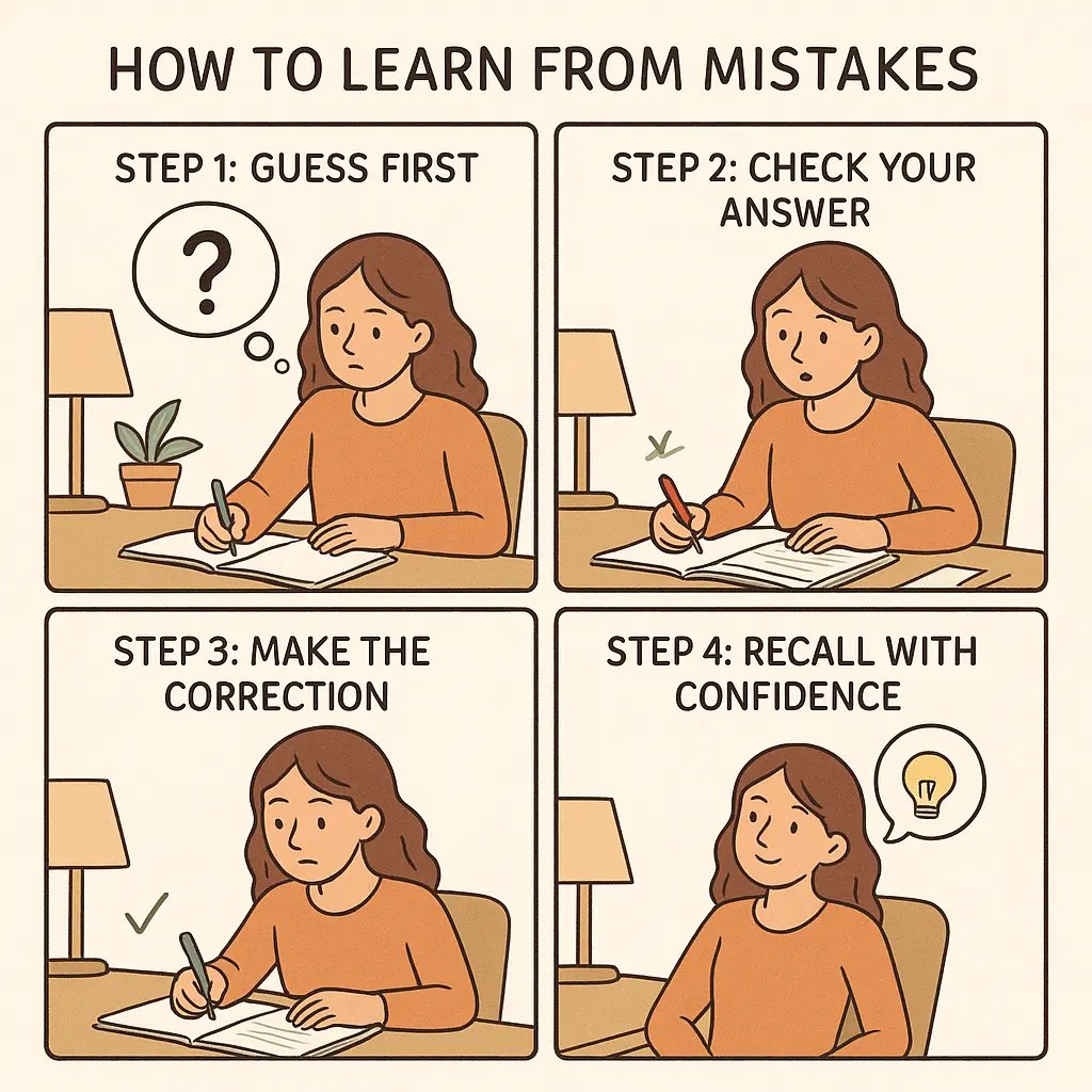 Four-panel comic showing a student learning from mistakes: guessing, checking, correcting, and confidently recalling information in her study area.