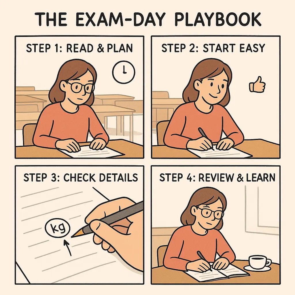 A four-panel comic strip showing a student using an effective exam strategy: planning time, starting with easy questions, checking details, and reviewing marked papers to learn.