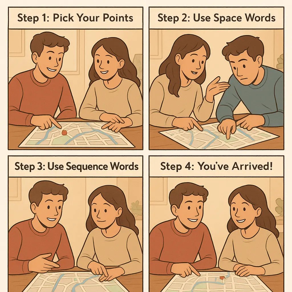 Two students practicing directions with a paper map spread on a table in a cosy study area