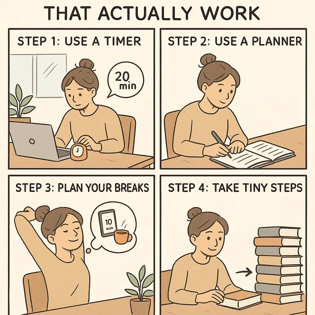 Woman with messy bun in cosy jumper using timer, planner, and breaking tasks into small steps in bright home study