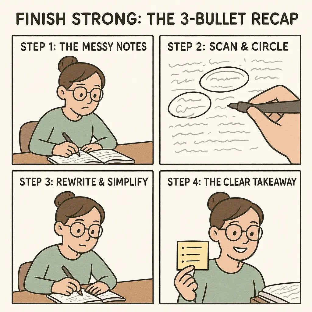 Comic strip showing a woman transforming messy lecture notes into three clear bullet points for better understanding and retention