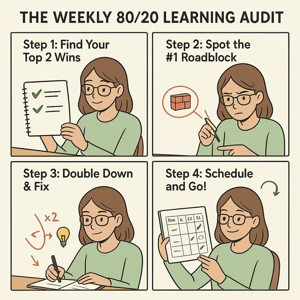 A four-panel comic showing a student conducting a weekly learning audit, identifying wins and roadblocks, then scheduling focused actions for the week ahead