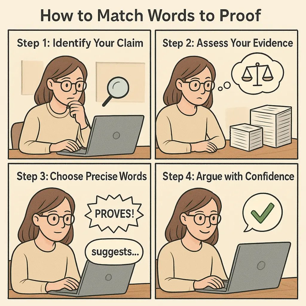 Four-panel comic showing a student learning to match written claims to evidence through identifying claims, assessing proof, choosing careful words, and presenting confident arguments.