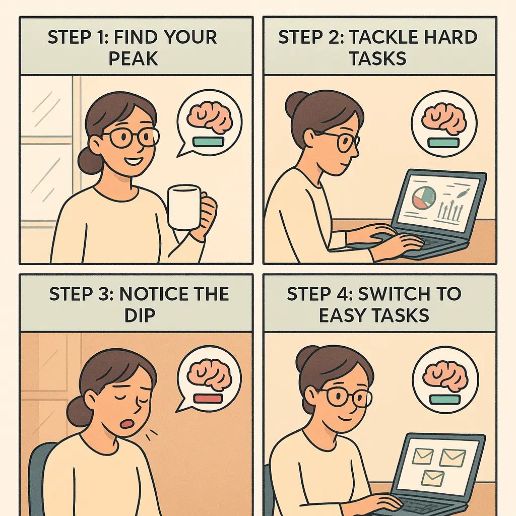 A four-panel comic showing a woman working through the day, matching complex tasks to high energy and routine tasks to lower energy periods.