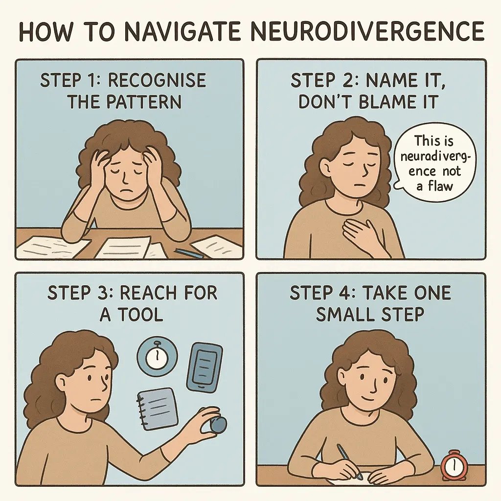 Four-panel comic showing a woman recognising overwhelm, reframing her mindset, choosing a tool, and taking a calm step forward