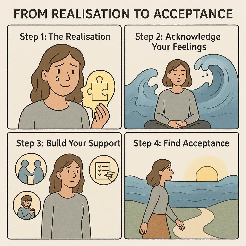 Four-panel comic showing a woman's journey from neurodivergent realisation to acceptance, walking confidently toward a peaceful sunrise.