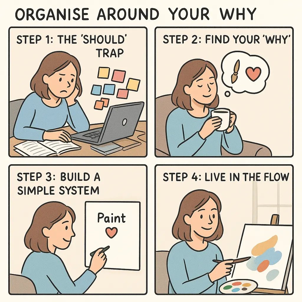 A four-panel comic showing a woman's journey from desk chaos with complicated planners to peaceful creativity with a simple values-based system