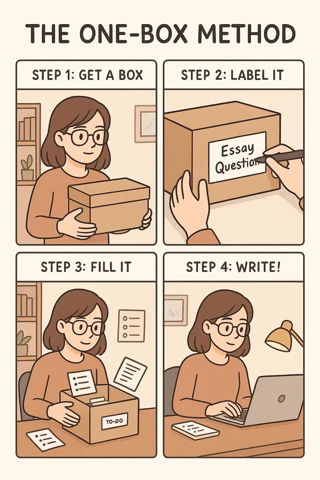 Student organising essay notes into a labelled project box at a tidy desk, surrounded by papers and a laptop.