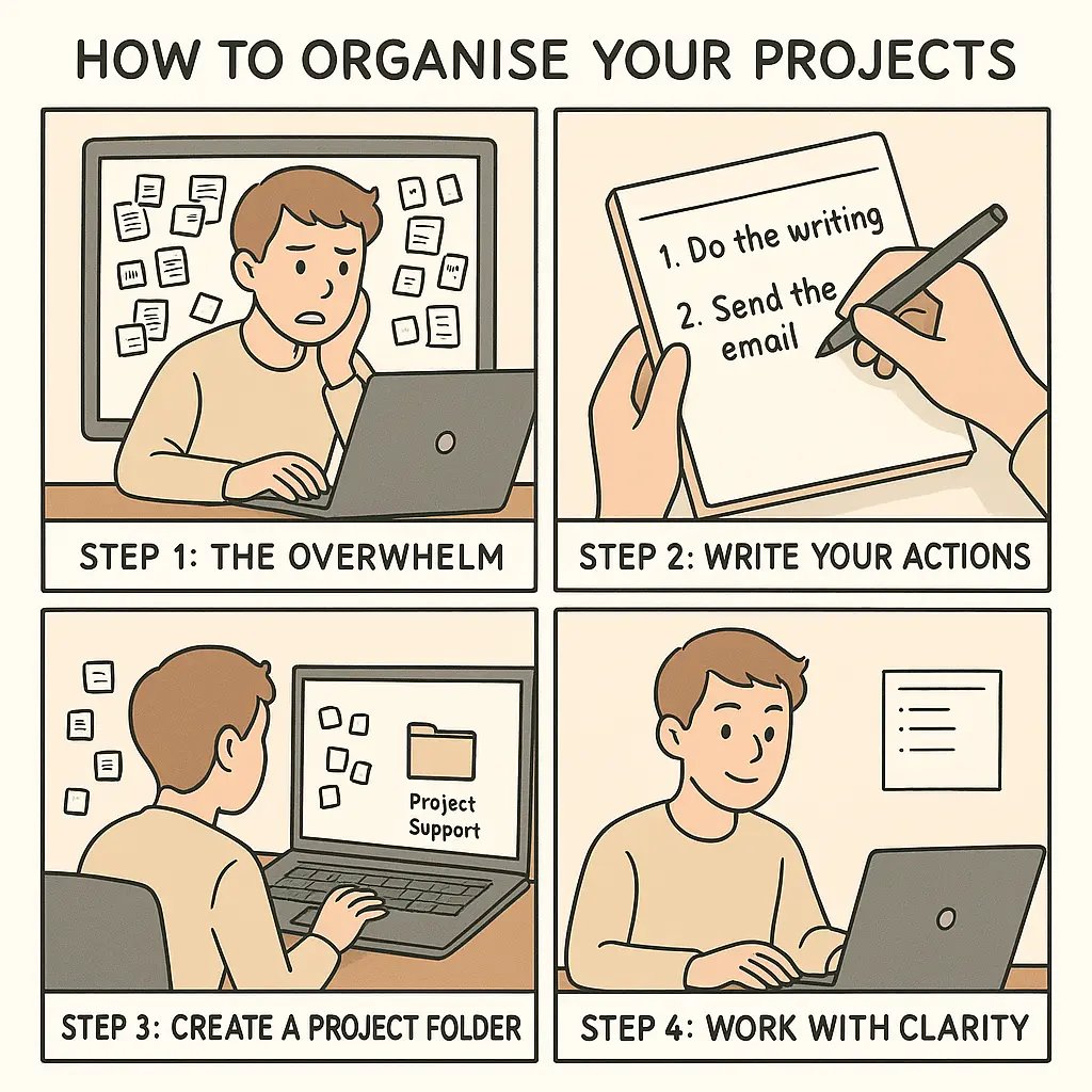 A four-panel comic showing transformation from digital chaos to organised workspace with separate action list and project folder