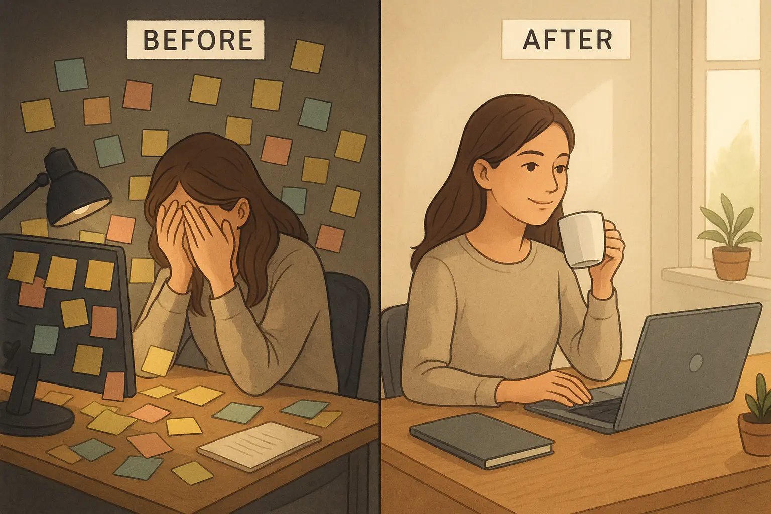 Before and after workspace transformation showing woman moving from sticky note chaos to organised digital project list on laptop