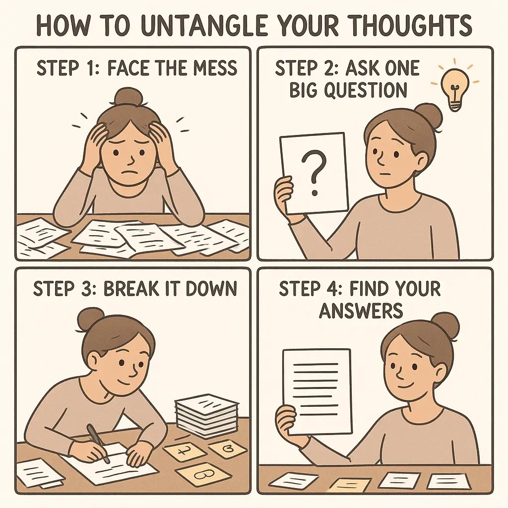 A four-panel comic showing a student transforming from overwhelmed by messy notes to organised and clear using the question-first method.