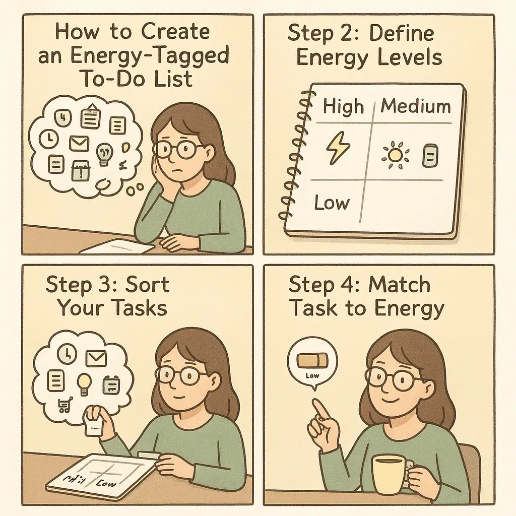 Four-panel comic showing a woman organising tasks by energy level, moving from chaos to calm productivity