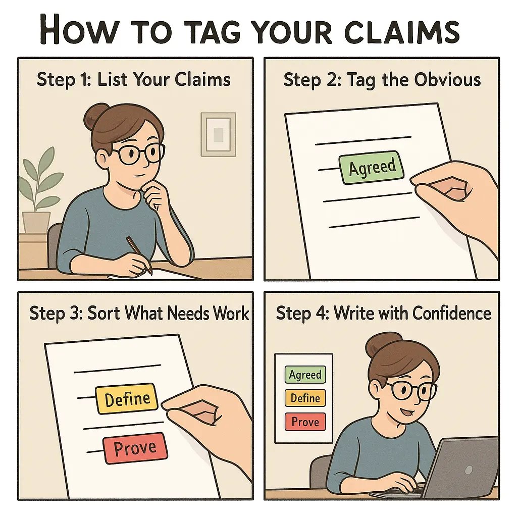A four-panel comic showing a student organising academic claims by tagging them as agreed, define, or prove before writing confidently.