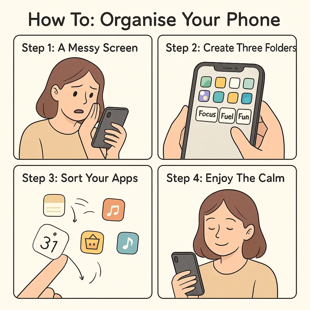 Four-panel comic strip showing a person organising their smartphone into three folders labelled Focus, Fuel, and Fun for better digital organisation