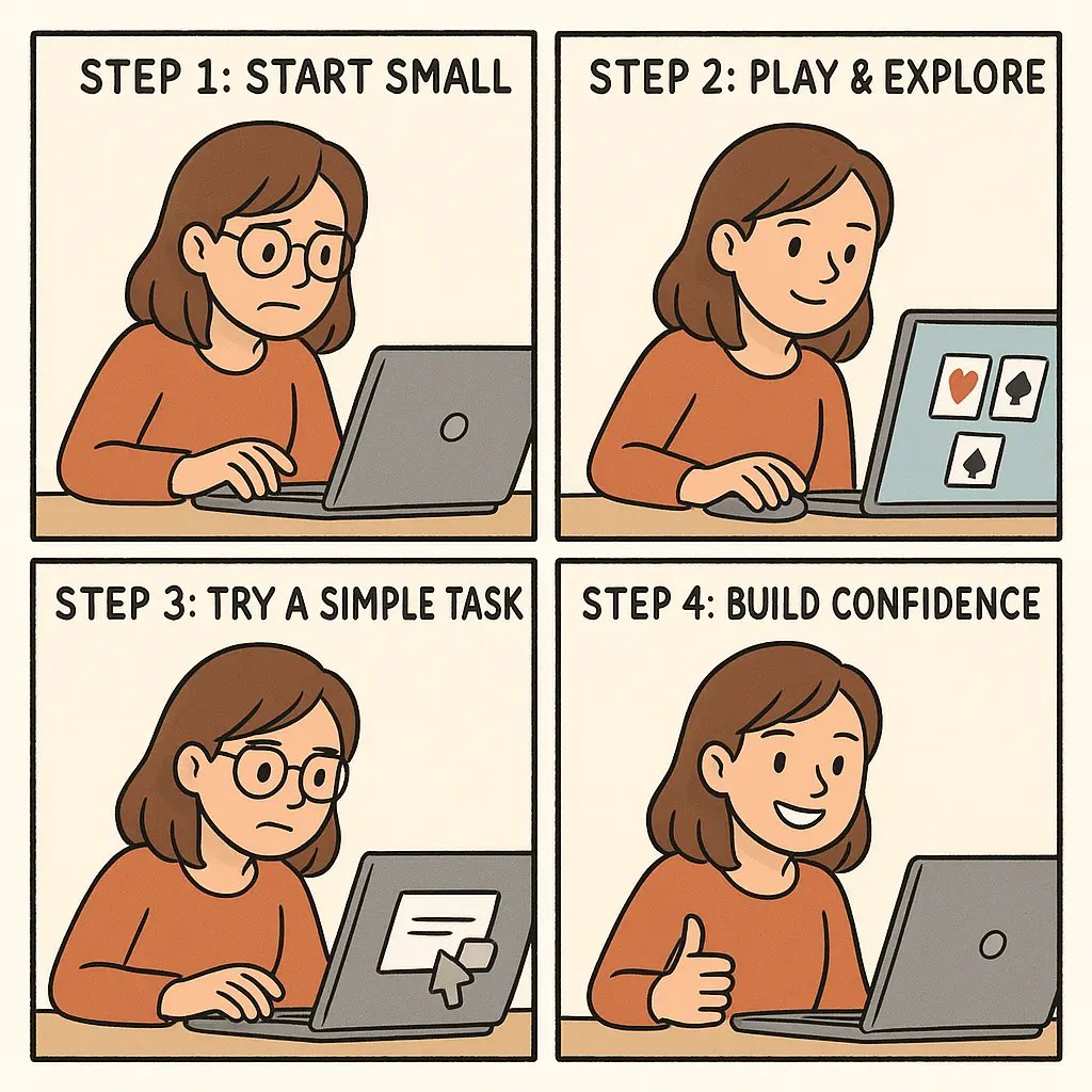 Four-panel comic showing a student's journey from computer anxiety to confident control through gradual practice and playful exploration