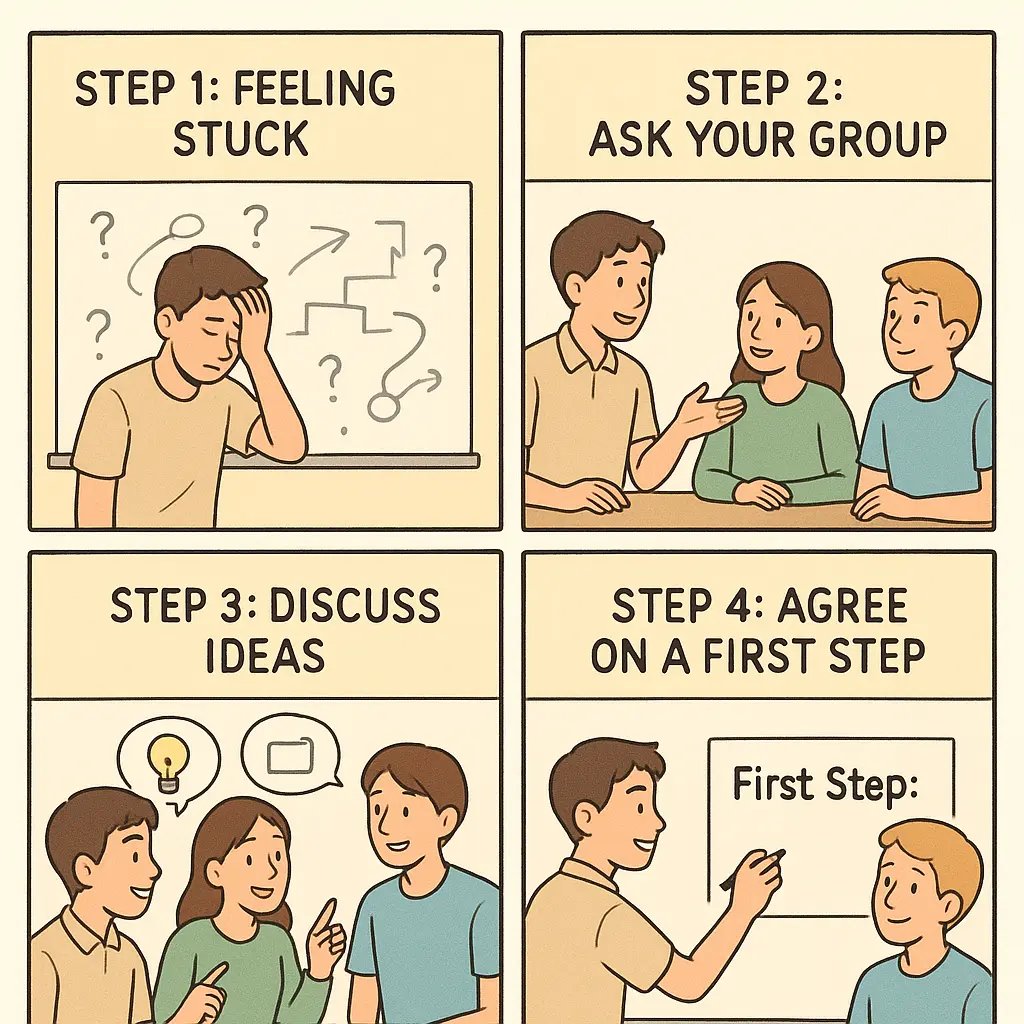 Four-panel comic showing students overcoming group project indecision through collaborative discussion and agreement