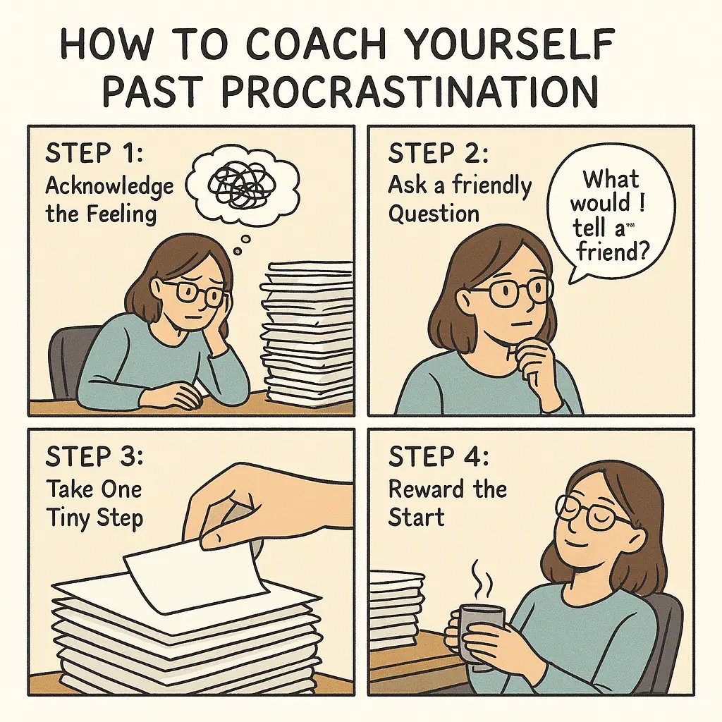 Four-panel comic showing a woman overcoming procrastination through self-coaching steps