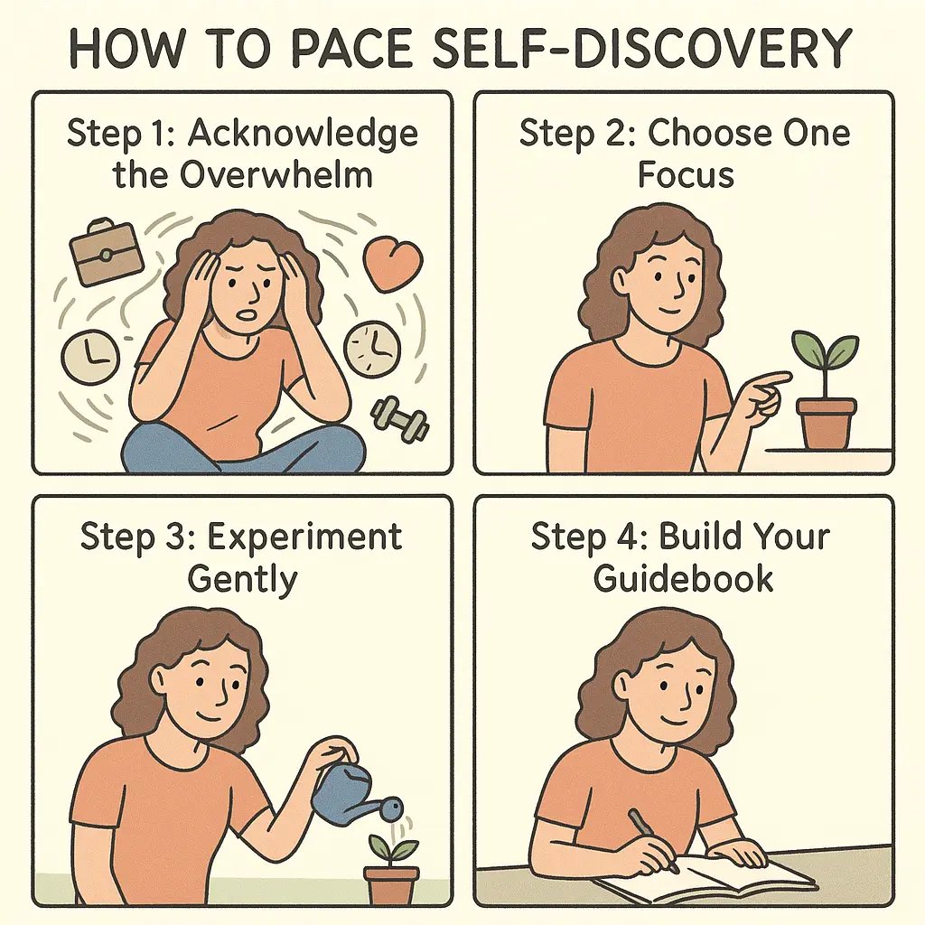 Four-panel comic showing a woman moving from overwhelm to calm focus by choosing one area of self-discovery at a time