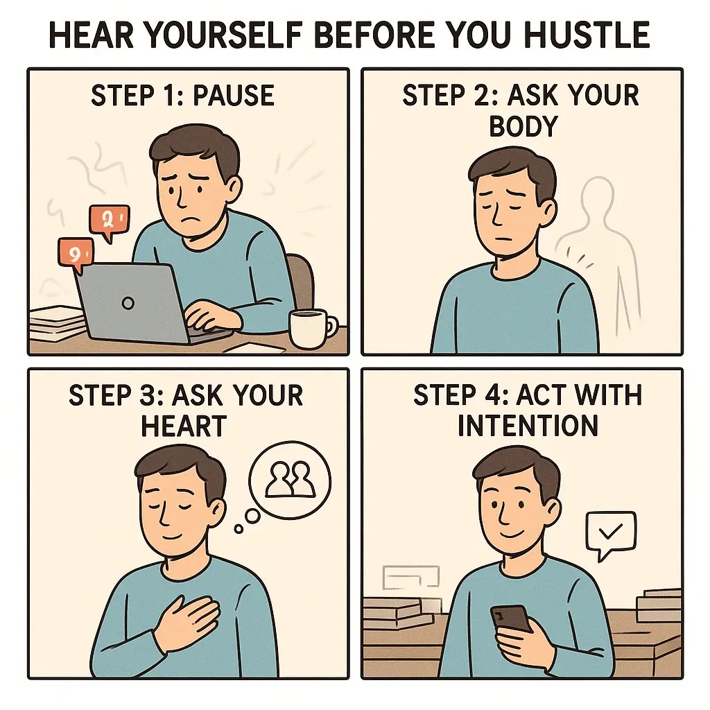 A four-panel comic showing a young man pausing work, checking in with his body and heart, then taking intentional action for calm and clarity.