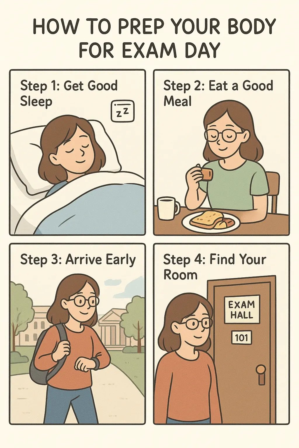 Student preparing calmly for exam day through sleep, healthy breakfast, early arrival, and finding the exam room