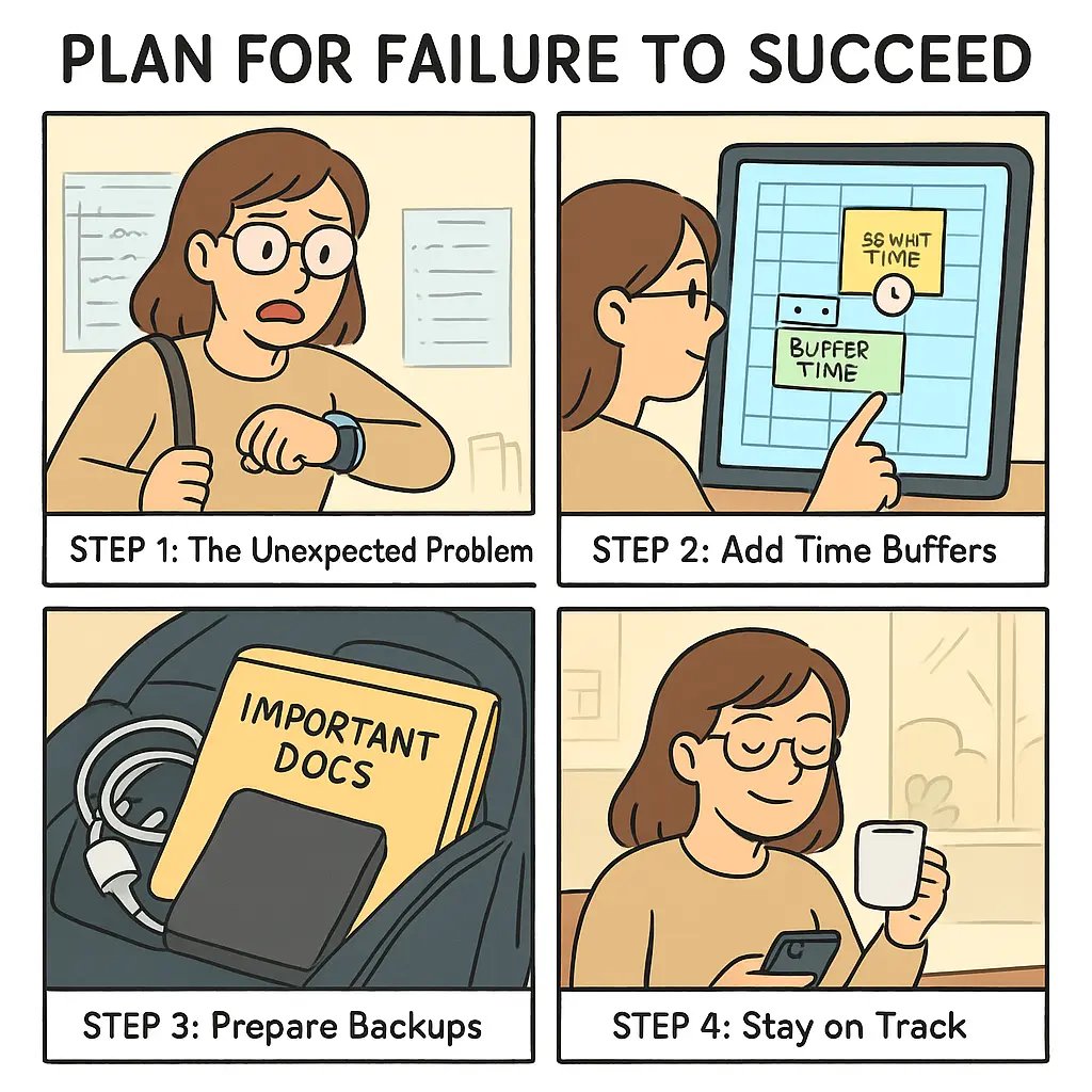 Woman calmly using backup phone charger at coffee shop after planning ahead with time buffers and backup systems