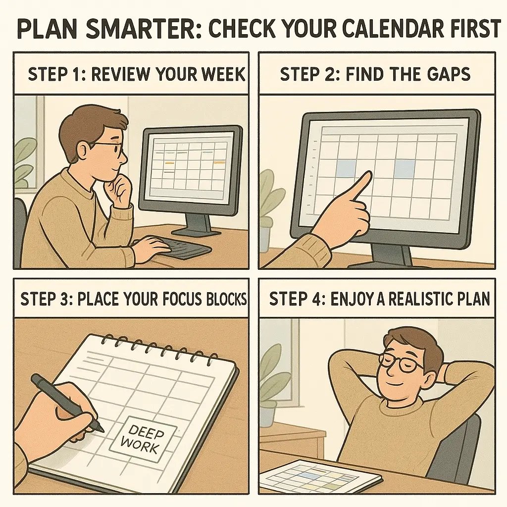 Four-panel comic showing a young adult planning their week by reviewing their calendar, finding gaps, placing focus blocks, and enjoying a balanced schedule.