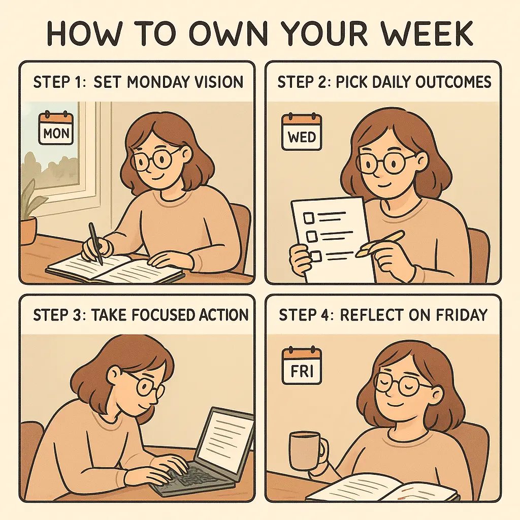 Woman planning her week at a desk, moving from Monday goal-setting through focused daily work to a satisfied Friday reflection