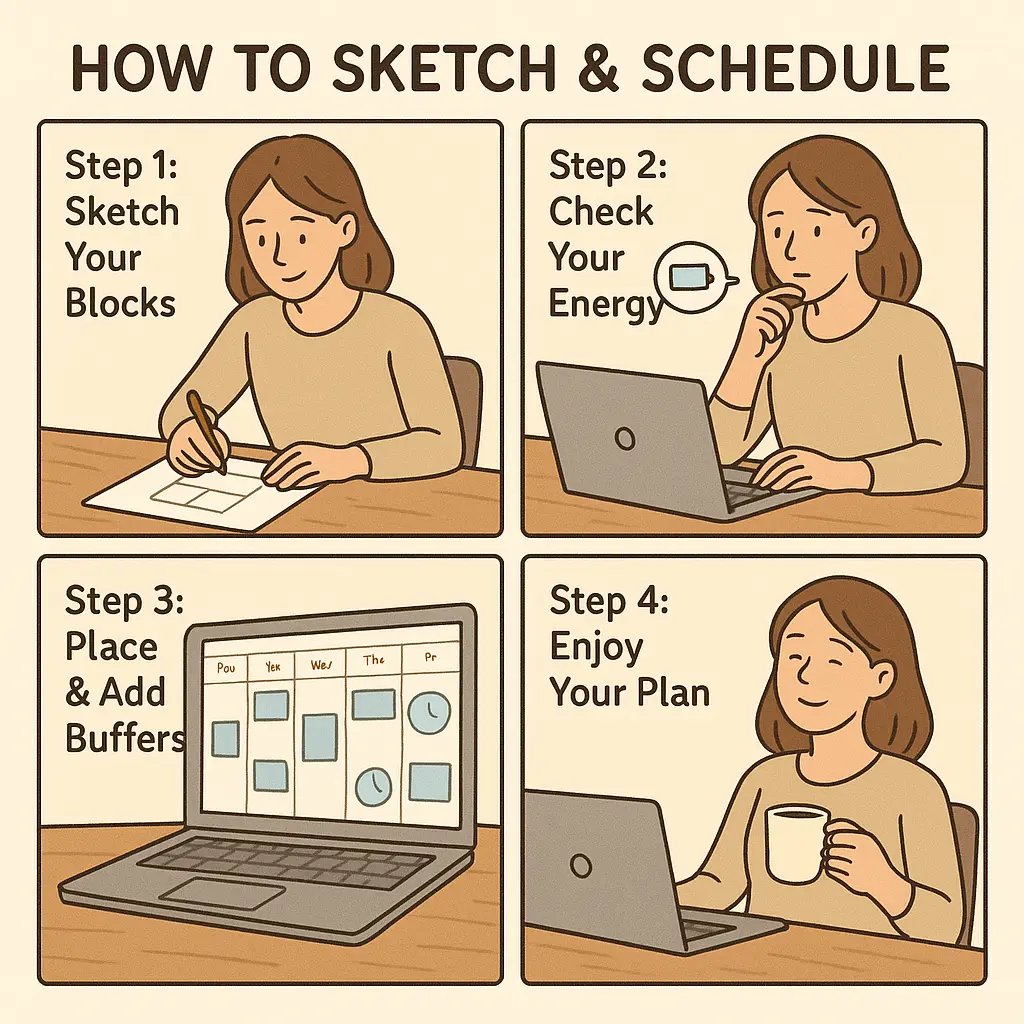 Four-panel comic showing a person sketching tasks, checking energy levels, placing blocks in a calendar with breaks, and relaxing with their organised schedule