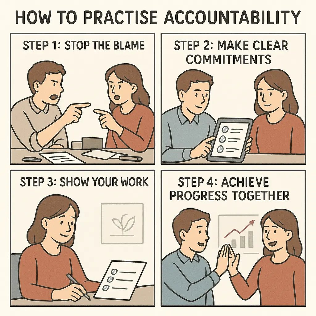 Four-panel comic showing two colleagues transforming from blaming each other to making commitments, showing progress, and celebrating success together