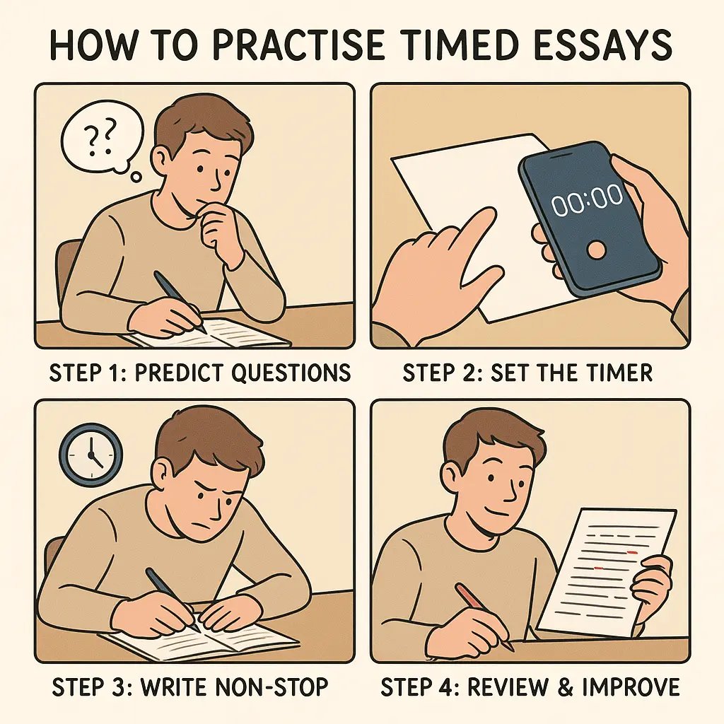 Four-panel comic showing a student practising timed essay writing, from predicting questions to reviewing completed work.