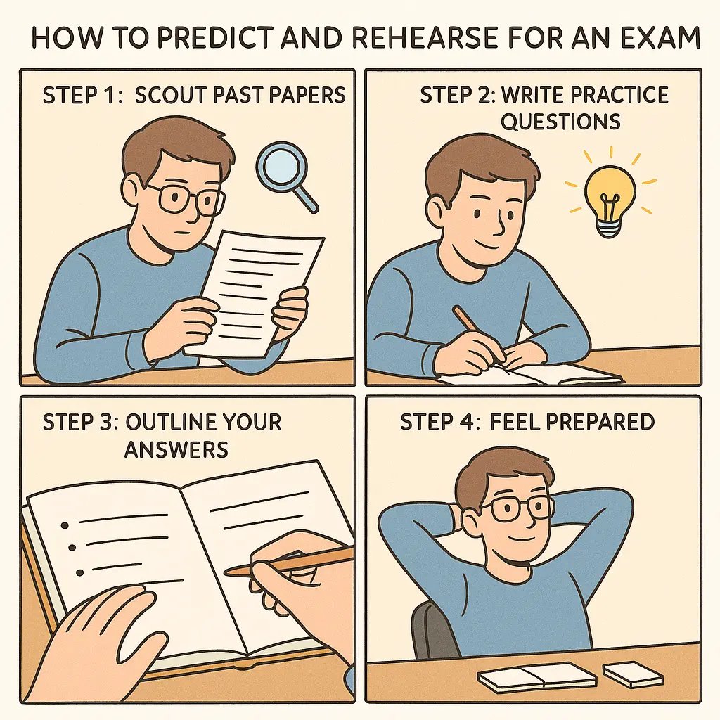 Four-panel comic showing a student confidently preparing for exams by studying past papers, writing questions, and outlining answers