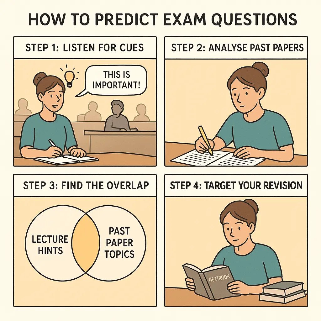 A four-panel guide showing a student listening in lectures, analysing past papers, finding topic overlap, and targeting revision with confidence.
