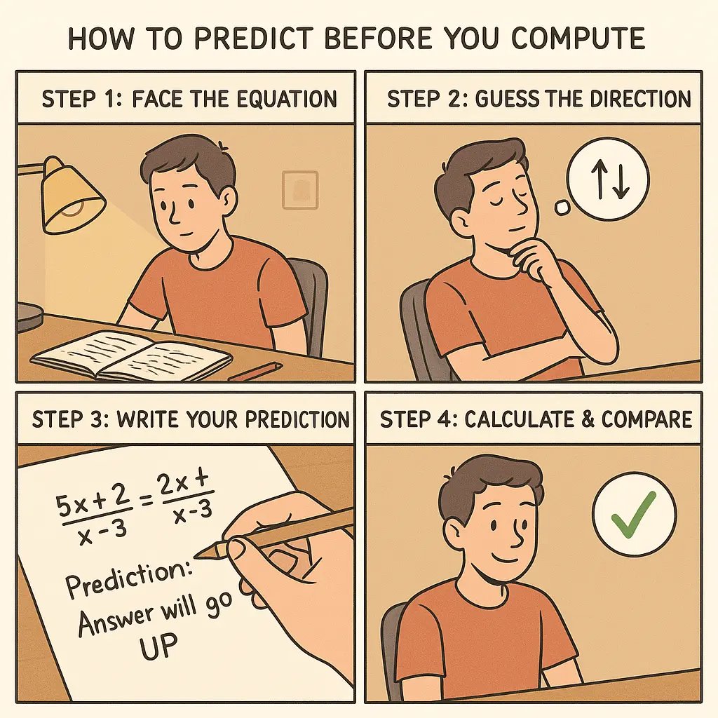 Student at desk predicting maths outcome before solving equation, showing four steps from facing problem to confident verification