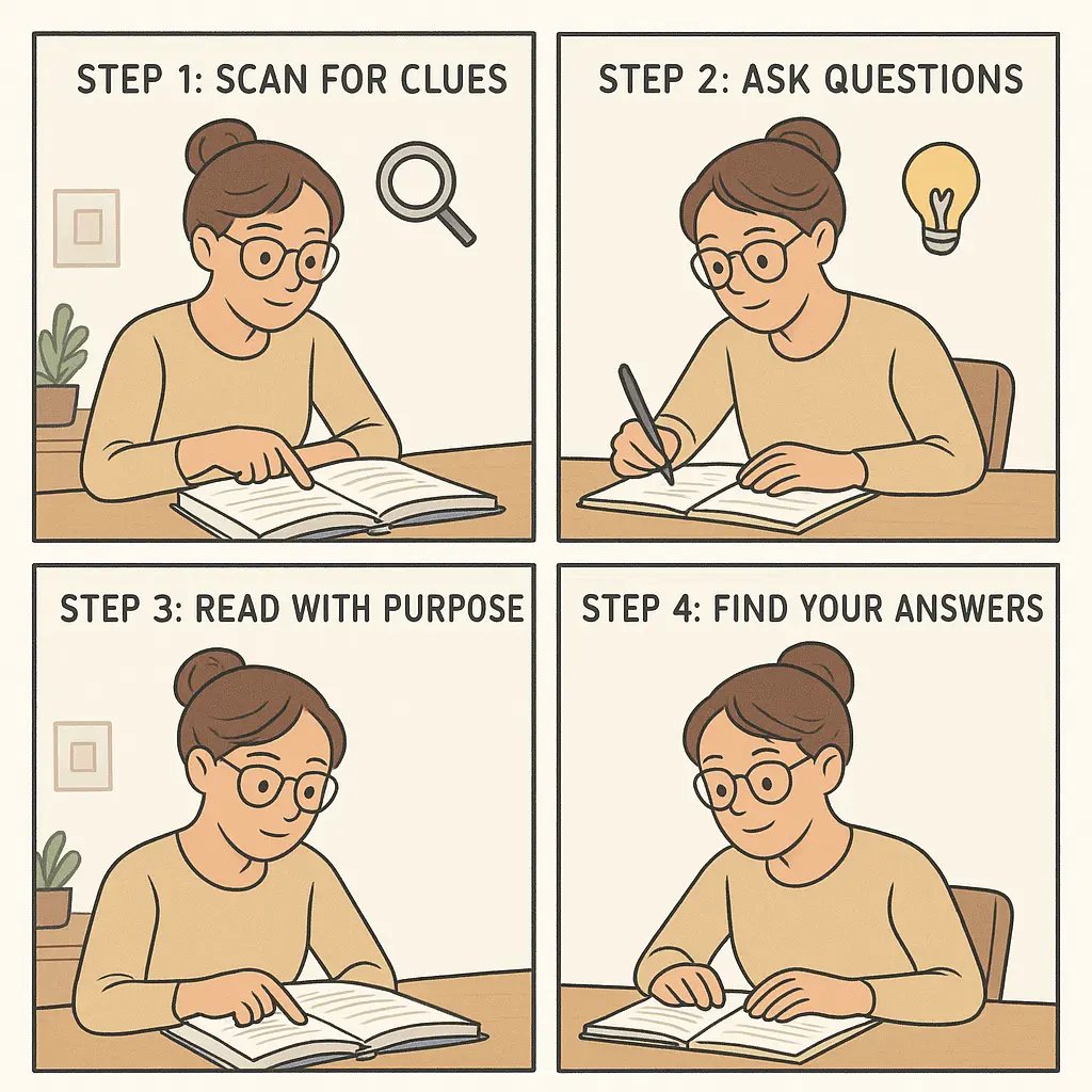 A young woman with glasses at a desk scanning a textbook, writing questions, reading intently, and checking answers with satisfaction.
