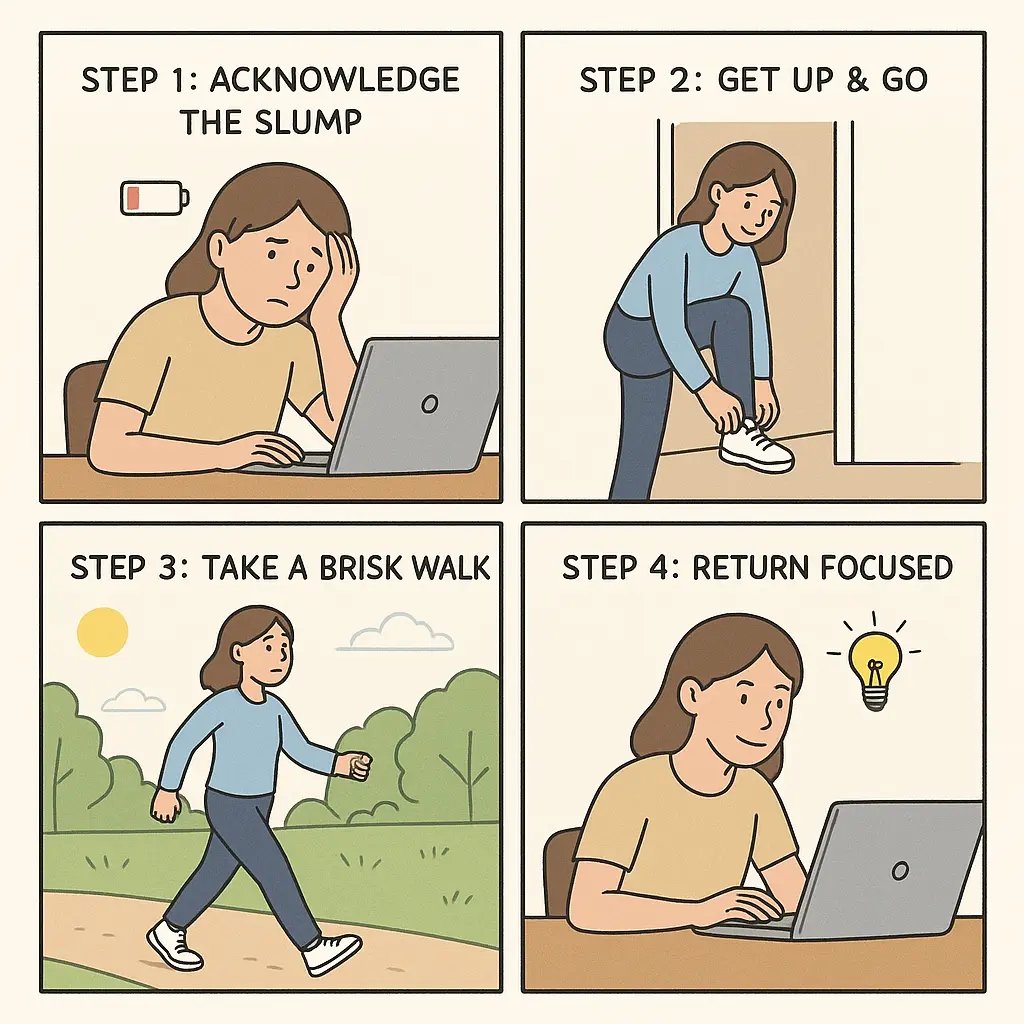 Young woman walking energetically in a green park, looking refreshed and ready to focus on work.