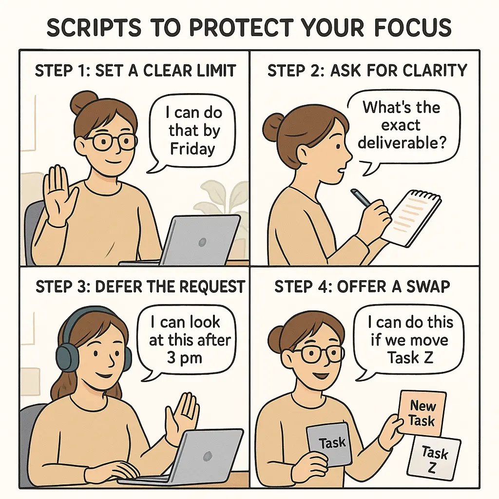 A woman at her desk demonstrating polite scripts to protect focus at work, shown in a four-panel comic strip with clear, friendly illustrations.