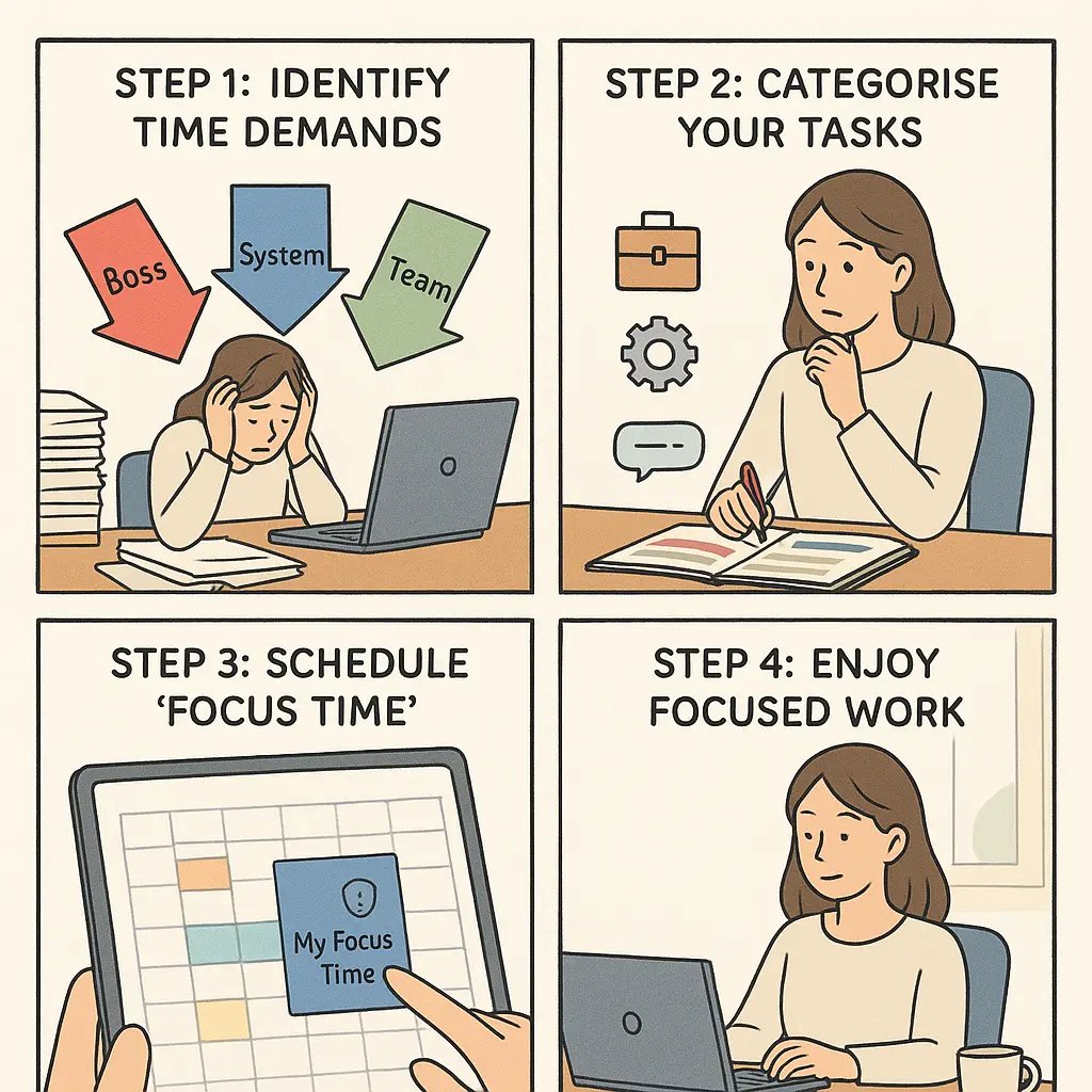 A four-panel comic showing a professional learning to identify time demands, categorise tasks, schedule focus time, and work peacefully.