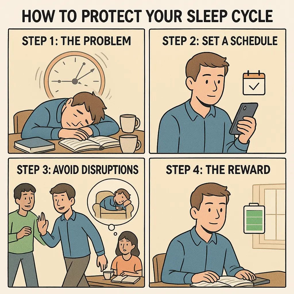 Four-panel comic showing a student's journey from exhausted late-night chaos to energised mornings through consistent sleep habits.