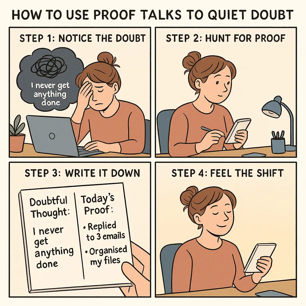 Four-panel comic showing a woman countering self-doubt by writing down daily accomplishments as proof against negative thoughts.