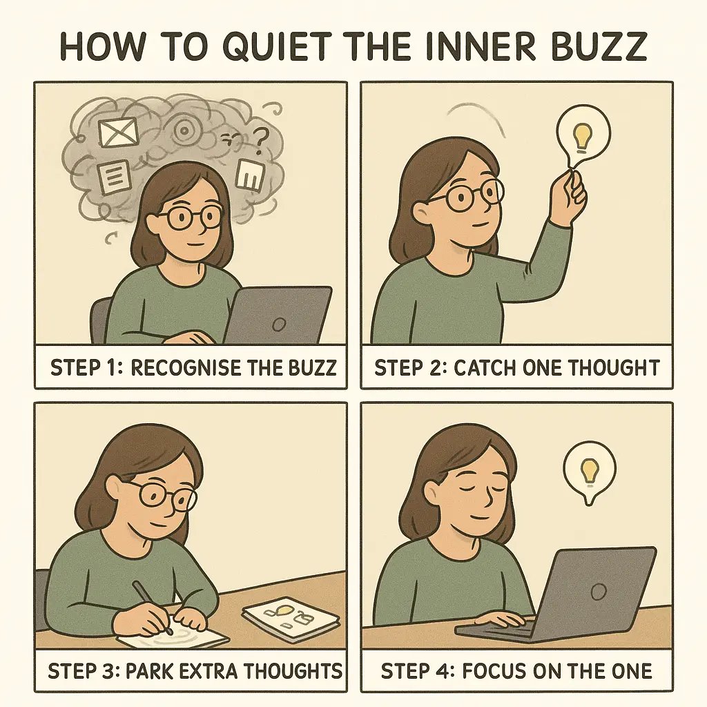 A four-panel comic showing a woman quieting her mental buzz by recognising chaotic thoughts, catching one thought, parking extras in a notebook, and achieving calm focus.