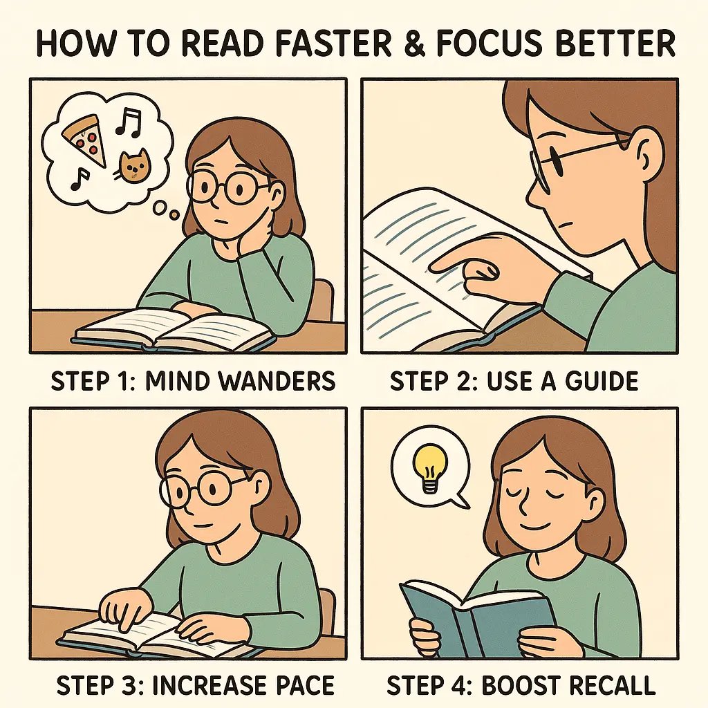 Four-panel comic showing a student progressing from distracted reading to focused comprehension using a finger guide and increased reading pace