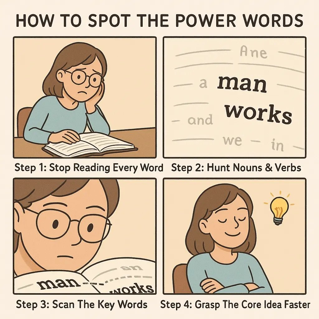 A four-panel comic showing a student learning to speed-read by focusing on key nouns and verbs whilst skipping smaller words.