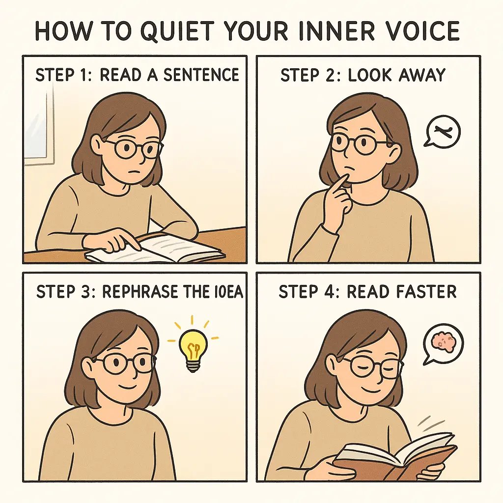 Four-panel comic showing a woman learning to quiet her inner reading voice by reading, looking away, rephrasing, and reading faster.