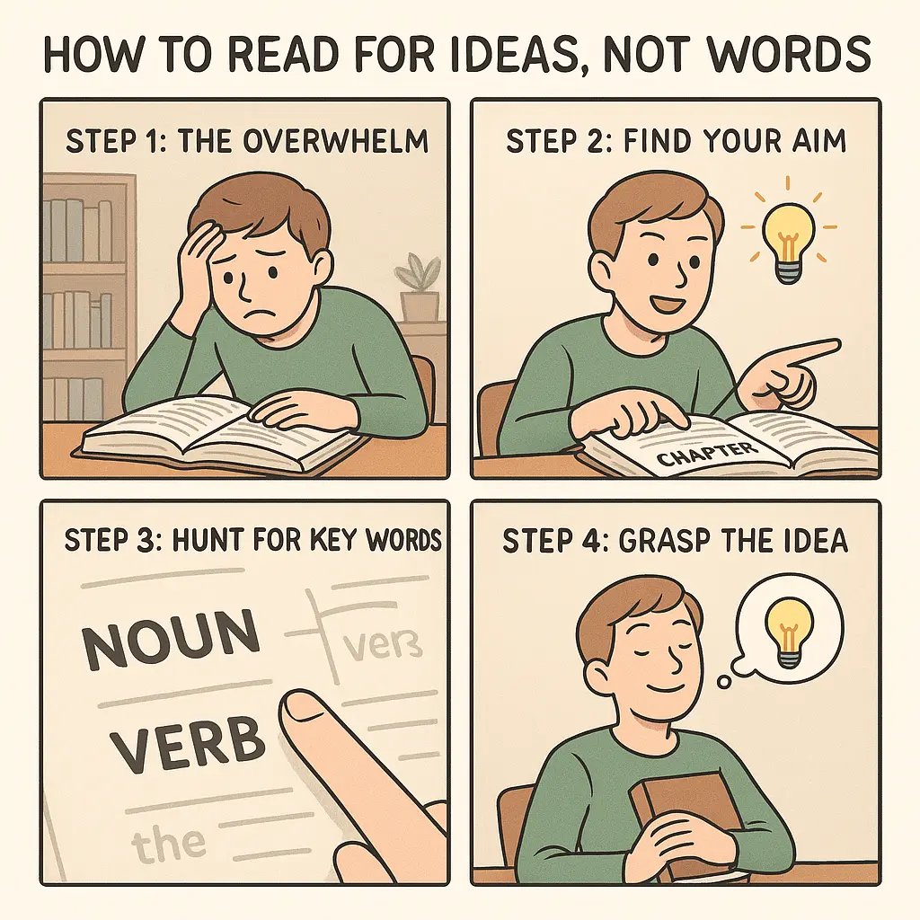 Four-panel comic showing a student's transformation from reading overwhelm to confident understanding through strategic reading techniques