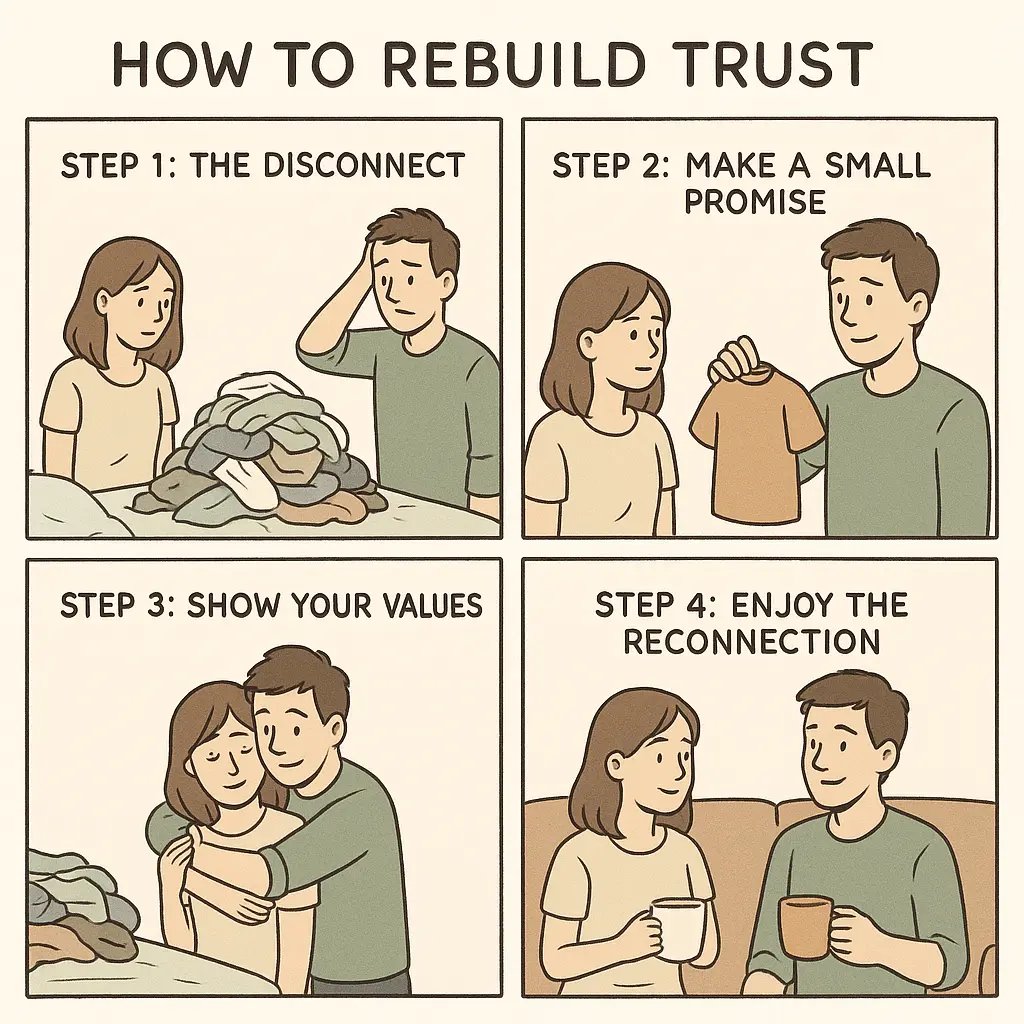 A four-panel comic showing a couple rebuilding trust through small promises and kindness, progressing from tension over chores to peaceful reconnection on a sofa.