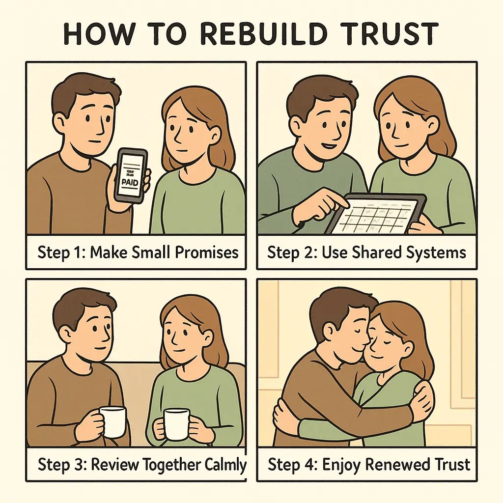 Four-panel comic showing a couple rebuilding trust through small promises, shared calendar, calm reviews, and a warm reconnecting hug.