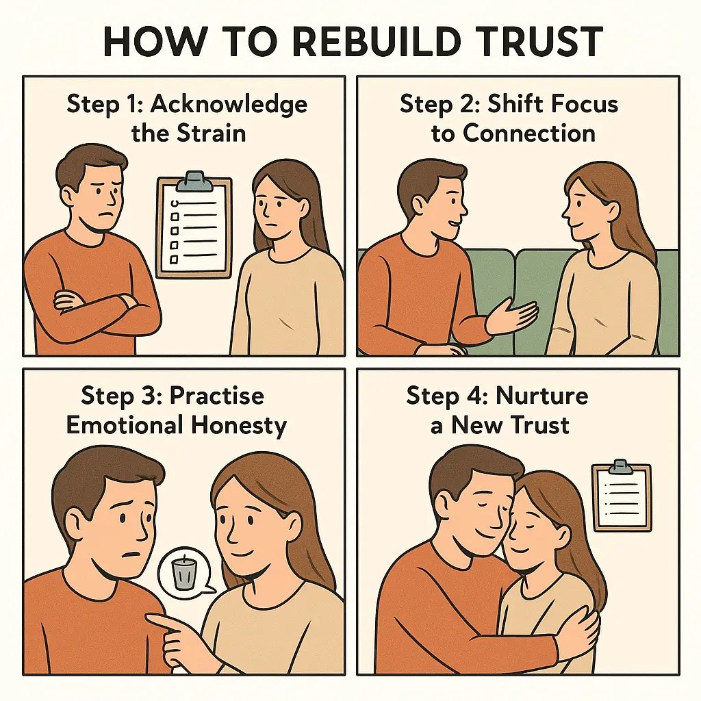 Four-panel comic showing a couple moving from frustration over forgotten tasks to prioritising emotional connection and rebuilding trust through care